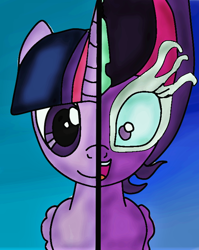 Size: 612x770 | Tagged: safe, artist:luminousgrave, imported from derpibooru, twilight sparkle, alicorn, pony, duality, equestria girls ponified, female, line, mare, midnight sparkle, open mouth, ponified, smiling, solo, twilight sparkle (alicorn), two sided posters, two sides