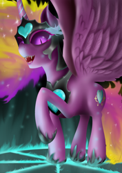 Size: 2894x4093 | Tagged: safe, artist:flaxen's art corner, imported from derpibooru, princess cadance, alicorn, pony, corrupted, evil, evil cadance, evil grin, fangs, grin, magic, magic circle, nightmare cadance, nightmare heart, nightmarified, sharp teeth, slit eyes, slit pupils, smiling, teeth