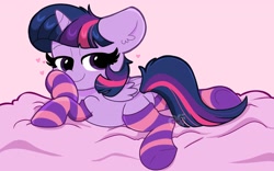 Size: 2048x1280 | Tagged: safe, artist:kittyrosie, imported from derpibooru, twilight sparkle, alicorn, pony, blanket, clothes, cute, ear fluff, female, heart, looking at you, lying down, mare, pink background, prone, simple background, socks, solo, stockings, striped socks, thigh highs, twiabetes, twilight sparkle (alicorn)