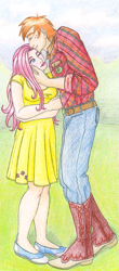 Size: 499x1134 | Tagged: safe, artist:kankurounokugutsu, imported from derpibooru, big macintosh, fluttershy, human, boots, clothes, cowboy boots, dress, eyes closed, female, fluttermac, forehead kiss, height difference, humanized, jeans, kissing, lipstick, male, one eye closed, pants, plaid shirt, shipping, shirt, shoes, straight, traditional art