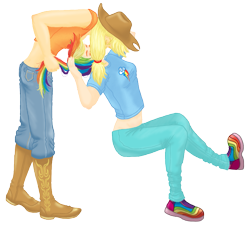 Size: 753x678 | Tagged: safe, artist:kankurounokugutsu, imported from derpibooru, applejack, rainbow dash, human, appledash, boots, clothes, cowboy boots, cowboy hat, female, hair pulling, hat, humanized, jeans, kissing, lesbian, midriff, pants, shipping, shoes, simple background, transparent background