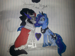 Size: 2448x1836 | Tagged: safe, artist:princess-night-luna, artist:xxspeedboltxx, imported from derpibooru, king sombra, princess luna, alicorn, pony, unicorn, female, heart, looking at each other, lumbra, male, shipping, sitting, straight, traditional art