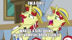 Size: 888x499 | Tagged: safe, imported from derpibooru, screencap, flam, flim, pony, unicorn, friendship university, caption, flim flam brothers, gay vampire book club, image macro, male, meme, rifftrax, stallion, text, twilight (series)