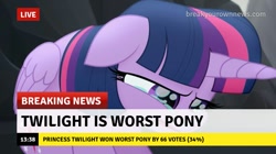 Size: 717x402 | Tagged: safe, edit, edited screencap, imported from derpibooru, screencap, twilight sparkle, alicorn, pony, my little pony: the movie, /mlp/, 4chan, abuse, alicorn drama, background pony strikes again, break your own news, breaking news, crying, drama, op is a duck, op is wrong, op isn't even trying anymore, op wants attention, poll, twilight sparkle (alicorn), twilybuse, worst pony