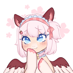 Size: 1000x1000 | Tagged: safe, artist:angelbeat-drift, imported from derpibooru, oc, oc only, oc:sakura, pegasus, pony, bell, blushing, bow, collar, female, food, hair bow, mare, ponytail, simple background, strawberry, wings