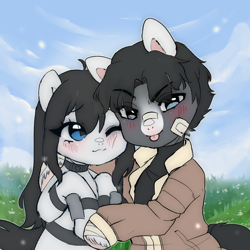 Size: 1500x1500 | Tagged: safe, artist:angelbeat-drift, imported from derpibooru, oc, oc only, oc:milly croft, oc:rowan, bandage, blushing, clothes, collar, couple, exo-suit, female, field, hug, male, mare, smiling, stallion, sweater, tongue out, turtleneck