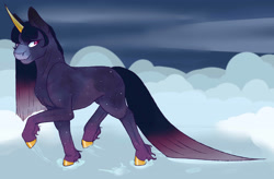 Size: 3042x2000 | Tagged: safe, artist:onouvan, imported from derpibooru, oc, oc only, oc:sparkly, pony, unicorn, cloud, digital art, female, hooves, horn, looking at you, mare, smiling, solo, tail, walking