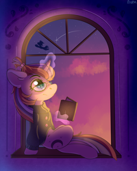 Size: 4000x5000 | Tagged: safe, artist:lilclim, imported from derpibooru, moondancer, pegasus, pony, unicorn, absurd resolution, book, clothes, cute, dusk, evening, female, full body, glasses, mare, night, profile, reading, shooting star, sitting, sky, smiling, solo focus, stars, sweater, twilight (astronomy), window, windowsill