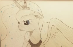 Size: 1909x1220 | Tagged: safe, artist:polar_storm, imported from derpibooru, princess luna, alicorn, pony, angry, blue eyes, female, frown, mare, monochrome, neo noir, partial color, simple background, solo, traditional art, white background