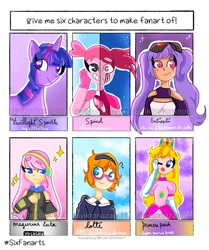 Size: 817x977 | Tagged: safe, artist:viktoriazanoni, imported from derpibooru, twilight sparkle, human, pony, unicorn, six fanarts, bust, clothes, crossover, crown, entrapta, female, glasses, gloves, goggles, headphones, jewelry, little witch academia, long gloves, lotte jansson, mare, megurine luka, one eye closed, princess peach, regalia, she-ra and the princesses of power, smiling, spinel (steven universe), split screen, steven universe, super mario bros., unicorn twilight, vocaloid, wink