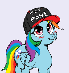 Size: 587x620 | Tagged: artist needed, safe, imported from derpibooru, rainbow dash, pegasus, pony, /mlp/, best pony, blushing, cap, cute, dashabetes, female, gray background, hat, legitimately amazing mspaint, looking at you, mare, ms paint, pone, simple background, smiling, solo, top gun, top gun hat, white background