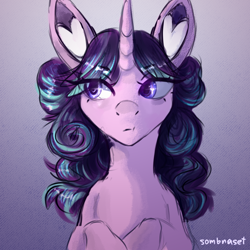 Size: 1000x1000 | Tagged: safe, artist:sombraset, imported from derpibooru, starlight glimmer, pony, unicorn, alternate hairstyle, bust, female, gradient background, looking sideways, portrait, solo