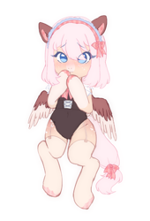 Size: 2380x3500 | Tagged: safe, artist:angelbeat-drift, imported from derpibooru, oc, oc only, oc:sakura, pegasus, semi-anthro, bipedal, blushing, blushing profusely, bow, clothes, coat markings, embarrassed, female, frills, garter belt, garters, hair bow, leotard, maid, maid headdress, mare, markings, pastel colors, plaid, simple background, socks (coat markings), standing up, stockings, tail bow, thigh highs