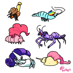 Size: 500x500 | Tagged: safe, artist:hotkoin, artist:pencilbrony, imported from derpibooru, applejack, fluttershy, pinkie pie, rainbow dash, rarity, twilight sparkle, crab, isopod, shrimp, crabbity, crabified, crustacean, female, horseshoe crab, invertebrate, mane six, maybe salmon, my little x, not salmon, species swap, wat