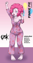 Size: 984x1860 | Tagged: safe, artist:oldskullkid, imported from derpibooru, part of a set, pinkie pie, equestria girls, barefoot, breasts, busty pinkie pie, cleavage, clothes, feet, female, hair over one eye, one eye closed, open mouth, pajamas, solo