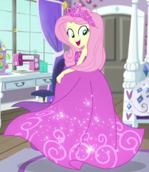 Size: 428x493 | Tagged: safe, imported from derpibooru, screencap, fluttershy, costume conundrum, equestria girls, equestria girls series, spoiler:eqg series (season 2), bare shoulders, beautiful, clothes, costume conundrum: rarity, cropped, dress, female, gown, princess fluttershy, sleeveless, solo, strapless, twirl