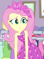 Size: 451x598 | Tagged: safe, imported from derpibooru, screencap, fluttershy, costume conundrum, equestria girls, equestria girls series, spoiler:eqg series (season 2), bare shoulders, confused, costume conundrum: rarity, cropped, female, princess fluttershy, sleeveless, solo, strapless