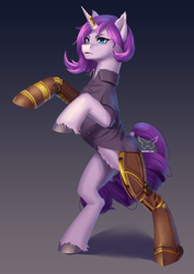 Size: 2480x3508 | Tagged: safe, artist:shiimosa, imported from derpibooru, rarity, pony, unicorn, alternate design, alternate hairstyle, amputee, clothes, female, gradient background, high res, mare, prosthetic limb, prosthetics, shirt, simple background, solo, steampunk, watermark