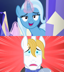 Size: 1280x1440 | Tagged: safe, edit, edited screencap, imported from derpibooru, screencap, prince blueblood, trixie, all bottled up, the best night ever, bedroom eyes, bluetrix, female, male, napkin, shipping, shipping domino, straight, surprised