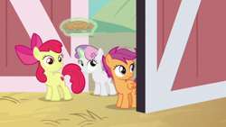 Size: 1920x1080 | Tagged: safe, imported from derpibooru, screencap, apple bloom, scootaloo, sweetie belle, the big mac question, cutie mark crusaders, food, pie