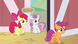 Size: 1920x1080 | Tagged: safe, imported from derpibooru, screencap, apple bloom, scootaloo, sweetie belle, the big mac question, cutie mark, cutie mark crusaders, food, pie, the cmc's cutie marks