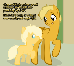 Size: 689x617 | Tagged: safe, artist:askmerriweatherauthor, imported from derpibooru, oc, oc:eensy, oc:meadow lark (ask merriweather), earth pony, pegasus, pony, ask merriweather, baby, baby pony, colt, male