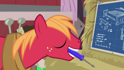 Size: 1920x1080 | Tagged: safe, imported from derpibooru, screencap, big macintosh, pony, the big mac question, blueprint, male, screwdriver, solo