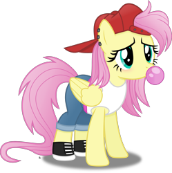 Size: 3437x3451 | Tagged: safe, artist:anime-equestria, imported from derpibooru, fluttershy, pegasus, pony, '90s, 90s grunge fluttershy, alternate hairstyle, backwards ballcap, baseball cap, blowing, bubblegum, cap, clothes, cute, ear piercing, female, food, gameloft, gameloft interpretation, gum, hat, mare, piercing, shirt, shoes, shorts, shy, shyabetes, simple background, sneakers, solo, tanktop, transparent background, wings