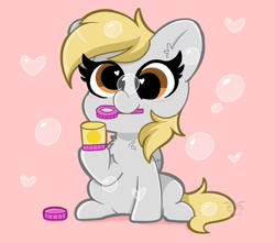 Size: 1700x1500 | Tagged: safe, artist:kittyrosie, imported from derpibooru, derpy hooves, pegasus, pony, blushing, bubble, bubble wand, chest fluff, cute, derpabetes, female, heart bubbles, heart eyes, mouth hold, simple background, sitting, smiling, soap bubble, solo, wingding eyes