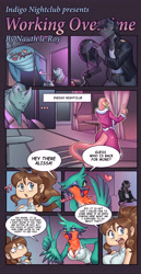 Size: 2929x5670 | Tagged: safe, artist:nauth, imported from derpibooru, oc, oc:aisha (bird), oc:alissa, oc:shadow warp, anthro, human, comic:indigo nightclub, breasts, cleavage, comic, community related, dialogue, furry, helmet, indigo nightclub, motorcycle, nightclub