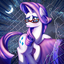 Size: 2000x2000 | Tagged: safe, artist:eltaile, imported from derpibooru, rarity, pony, unicorn, crying, embarrassed, equine, fabric, female, fence, glasses, moon, night, pouting, rarity's glasses, solo, spotlight