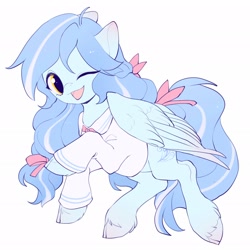 Size: 2048x2048 | Tagged: safe, artist:amo, imported from derpibooru, oc, oc only, pegasus, pony, clothes, one eye closed, raised hoof, simple background, solo, unshorn fetlocks, white background, wink