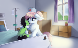 Size: 8000x5000 | Tagged: safe, artist:lunar froxy, imported from derpibooru, nurse redheart, oc, oc:filly anon, earth pony, pony, unicorn, fanfic:trust once lost, bed, broken leg, cast, comforting, cover art, cute, duo, fanfic art, female, filly, hat, hospital, hospital bed, hurt/comfort, injured, mare, missing cutie mark, nurse, nurse hat, panic, panic attack, panicking, pillow, scared, self insert