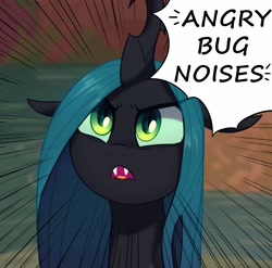 Size: 3200x3163 | Tagged: safe, alternate version, artist:maren, imported from derpibooru, queen chrysalis, changeling, changeling queen, angry, angry horse noises, bugs doing bug things, cute, cutealis, descriptive noise, female, frown, glare, horse noises, looking at you, looking up, madorable, motion lines, open mouth, scene interpretation, solo, text