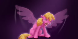 Size: 1280x640 | Tagged: safe, artist:shaslan, imported from derpibooru, cherry berry, earth pony, pegasus, pony, crying, eyes closed, female, open mouth, solo, wings