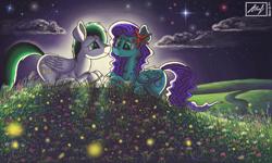 Size: 854x512 | Tagged: safe, artist:dreamyskies, derpibooru exclusive, imported from derpibooru, oc, oc only, oc:aquashock, oc:dreamer skies, firefly (insect), insect, pegasus, pony, accessory, detailed background, dreamy, duo, female, field, flower, happy, looking at each other, male, moonlight, night, oc x oc, pegasus oc, river, romantic, scenery, shipping, signature, sitting, sky, stars, wings