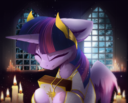 Size: 1828x1470 | Tagged: safe, artist:hitbass, imported from derpibooru, twilight sparkle, alicorn, pony, book, candle, chest fluff, clothes, eyes closed, female, headdress, horn, jewelry, mare, necklace, praying, priestess, religion, smiling, solo, twilight sparkle (alicorn), window, wings