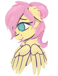 Size: 1150x1500 | Tagged: safe, artist:rhythmpixel, imported from derpibooru, fluttershy, pegasus, pony, alternate hairstyle, bust, chest fluff, female, floppy ears, hair over one eye, looking away, looking down, mare, no pupils, portrait, simple background, smiling, solo, transparent background, wings