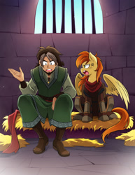 Size: 1224x1584 | Tagged: safe, artist:nekoshiei, imported from derpibooru, oc, oc only, oc:bracer, oc:mcfinnigan the mage, human, pegasus, pony, armor, clothes, emw:mmmm, fanfic art, leather armor, pegasus oc, prison, prison bars, robe, straw, wings