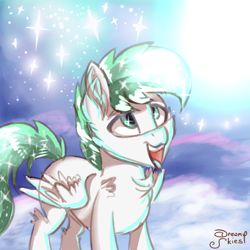 Size: 1024x1024 | Tagged: safe, imported from derpibooru, oc, oc:dreamer skies, pegasus, pony, cloud, dream, dreamy, goofy, happy, on a cloud, open mouth, pegasus oc, quick draw, sketch, sky, standing on a cloud, stars, tongue out, wings