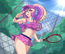 Size: 2290x1920 | Tagged: safe, artist:thebrokencog, imported from derpibooru, princess cadance, human, adorasexy, anime, belly button, breasts, cleavage, clothes, commission, crepuscular rays, cute, cutedance, cutie mark, cutie mark on clothes, female, fence, humanized, open mouth, schrödinger's pantsu, sexy, skirt, solo, sports, sports bra, sports skirt, sun, sweat, tennis, tennis racket, visor, wristband