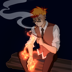 Size: 1536x1536 | Tagged: safe, artist:baru, imported from derpibooru, oc, oc only, oc:blaze fury, human, cigarette, dark background, ear piercing, fire, food, glasses, humanized, humanized oc, marshmallow, piercing, smoking, solo