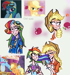 Size: 2472x2662 | Tagged: safe, artist:citi, edit, edited screencap, imported from derpibooru, screencap, applejack, rainbow dash, human, make new friends but keep discord, newbie dash, simple ways, apple, card game, clothes, crying, ear piercing, food, freckles, goggles, humanized, nose blowing, piercing, rainbow fash, scene interpretation, screencap reference, uniform, wonderbolts uniform