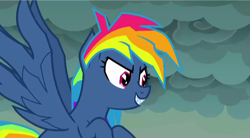 Size: 720x397 | Tagged: safe, imported from derpibooru, screencap, rainbow dash, demon, demon pony, pegasus, pony, secrets and pies, adorapiehater, animation error, cute, dashabetes, evil pie hater dash, fangs, female, layering error, layering fail, looking at something, overcast, smiling, solo