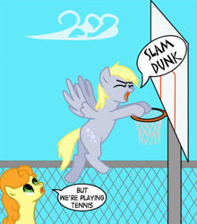 Size: 526x598 | Tagged: safe, artist:rydel, imported from derpibooru, carrot top, derpy hooves, golden harvest, basketball, epic fail, fail, slam dunk, sports, tennis, you're doing it wrong