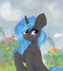 Size: 2372x2700 | Tagged: safe, imported from derpibooru, oc, oc only, oc:nappy, pony, unicorn, blushing, chest fluff, cute, flower, smiling, solo, trans female, trans girl, transgender