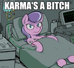 Size: 538x499 | Tagged: safe, artist:darkdoomer, edit, imported from derpibooru, diamond tiara, pony, abuse, beating a dead horse, caption, female, harsher in hindsight, image macro, iv, karma, old news, op is a slowpoke, solo, text, tiarabuse, vulgar