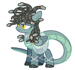 Size: 1864x1737 | Tagged: safe, alternate version, artist:beautifulspaceshow, imported from derpibooru, oc, oc only, oc:stony gaze, medusa, original species, pegasus, pony, snake, snake pony, anklet, beauty mark, bracelet, clothes, female, jewelry, mare, markings, necklace, robe, see-through, simple background, solo, unamused, unshorn fetlocks, white background