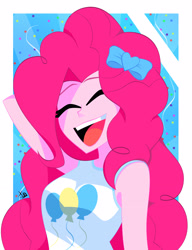 Size: 2448x3186 | Tagged: safe, artist:xan-gelx, imported from derpibooru, pinkie pie, equestria girls, abstract background, arm behind head, bow, confetti, cute, diapinkes, eyes closed, female, hair bow, hairclip, high res, open mouth, simple background, solo