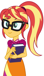 Size: 1024x1736 | Tagged: safe, alternate version, artist:emeraldblast63, imported from derpibooru, sunset shimmer, equestria girls, adorkable, book, clothes swap, cute, dork, female, glasses, hairstyle swap, meganekko, nerd, shimmerbetes, simple background, solo, sunspecs shimmer, transparent background